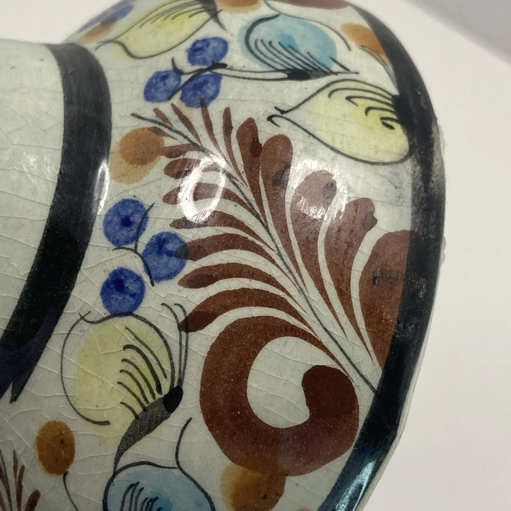 Vtg Folk Art Floral Mexican Tonala Pottery Candle Stick Holder‎ Signed 6 3/8